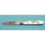 A small silver-bladed fruit knife, the mother-of-pearl handle with etched decoration and inset small