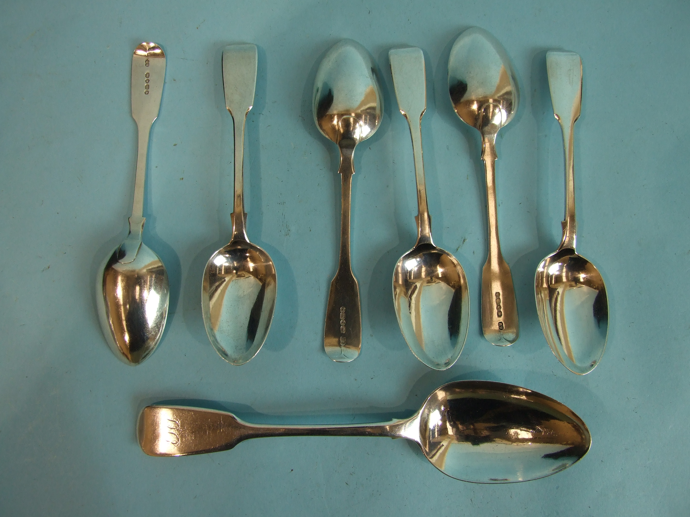 A set of six Victorian fiddle pattern dessert spoons, London 1864 and an Exeter tablespoon, 1843, by - Image 2 of 2