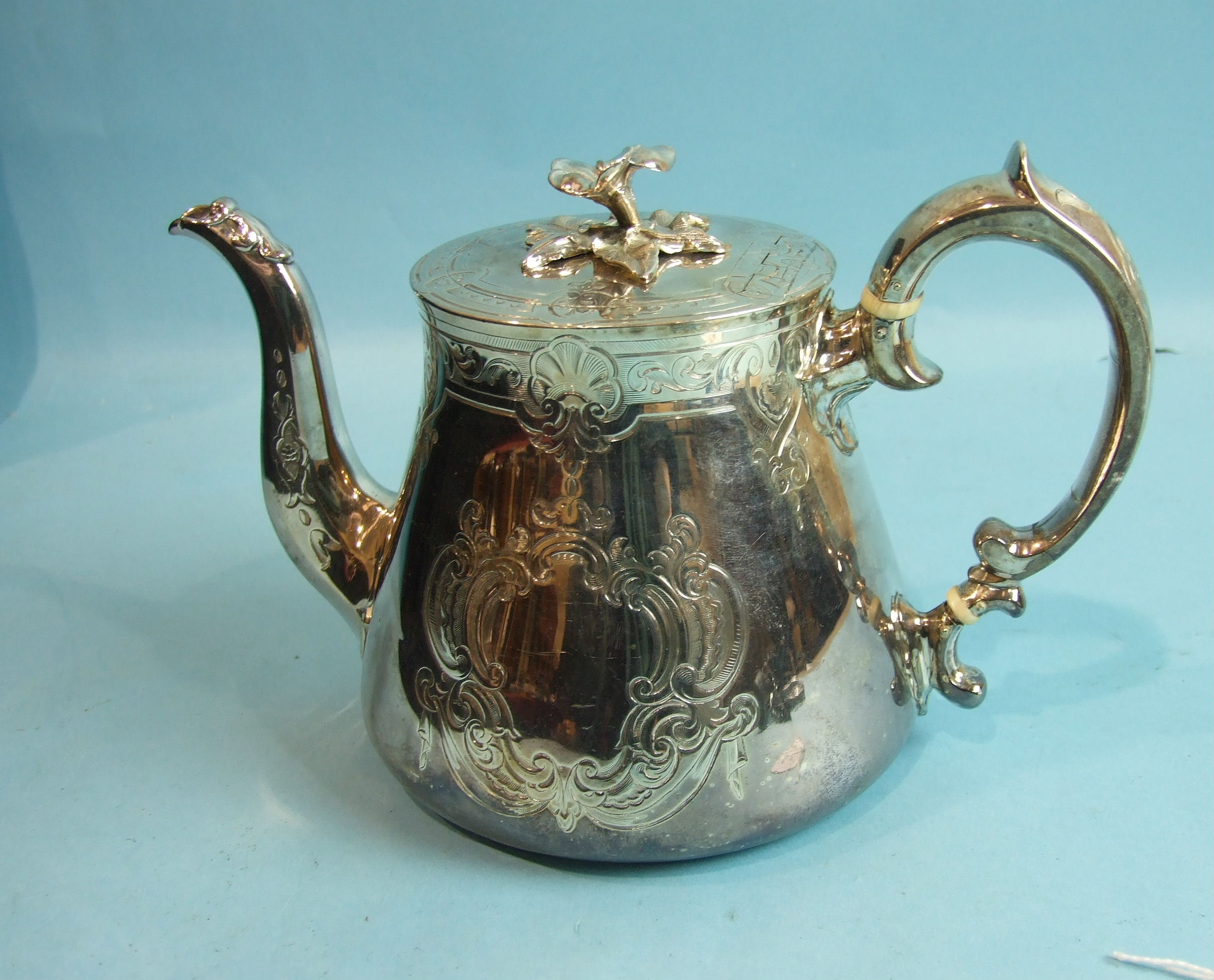 A Victorian teapot of tapered form and good gauge, with flower finial lid, the body engraved with - Image 3 of 3