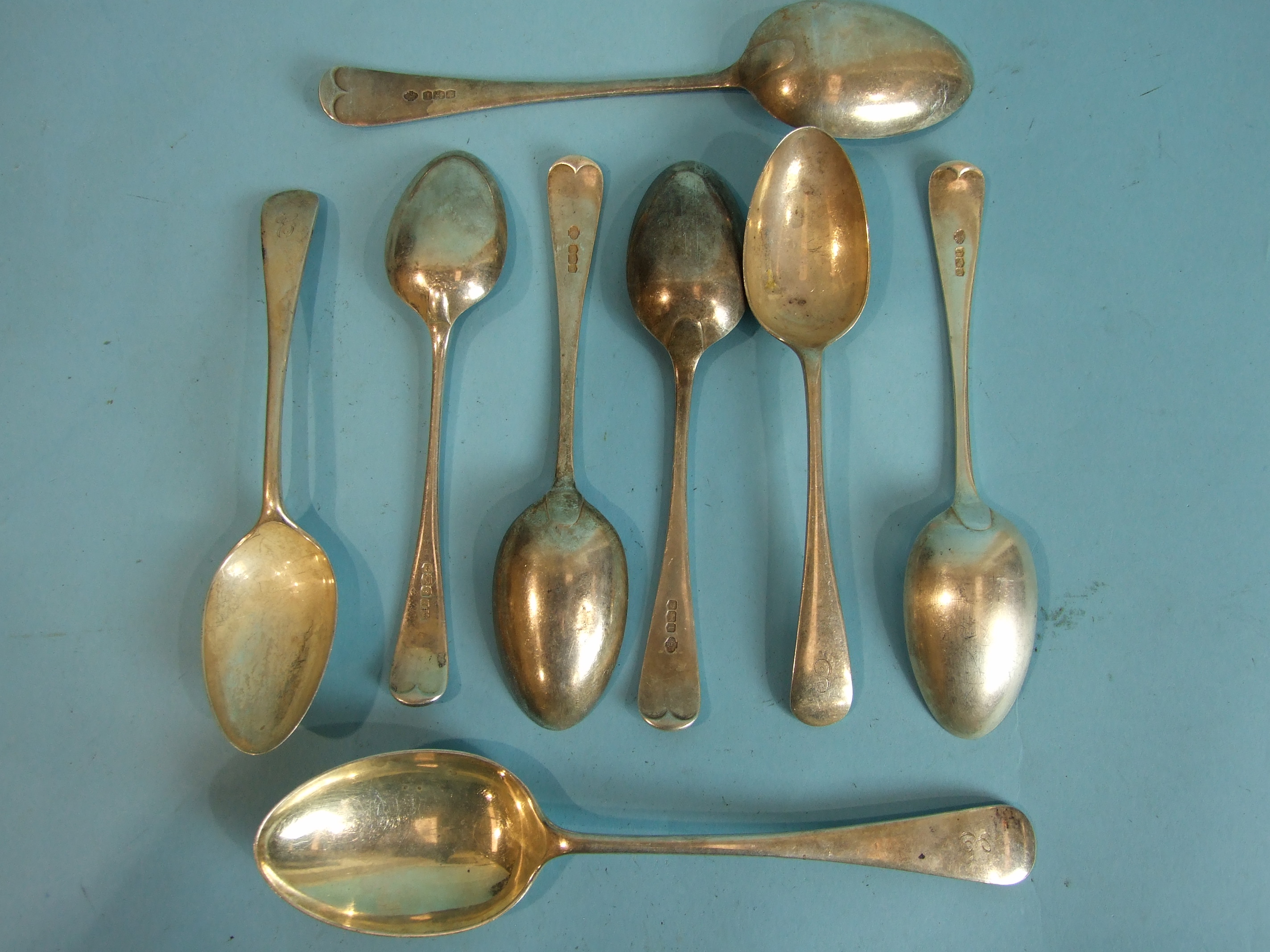 Two Old English pattern tablespoons and five dessert spoons, various mid-20th century dates, - Image 2 of 2