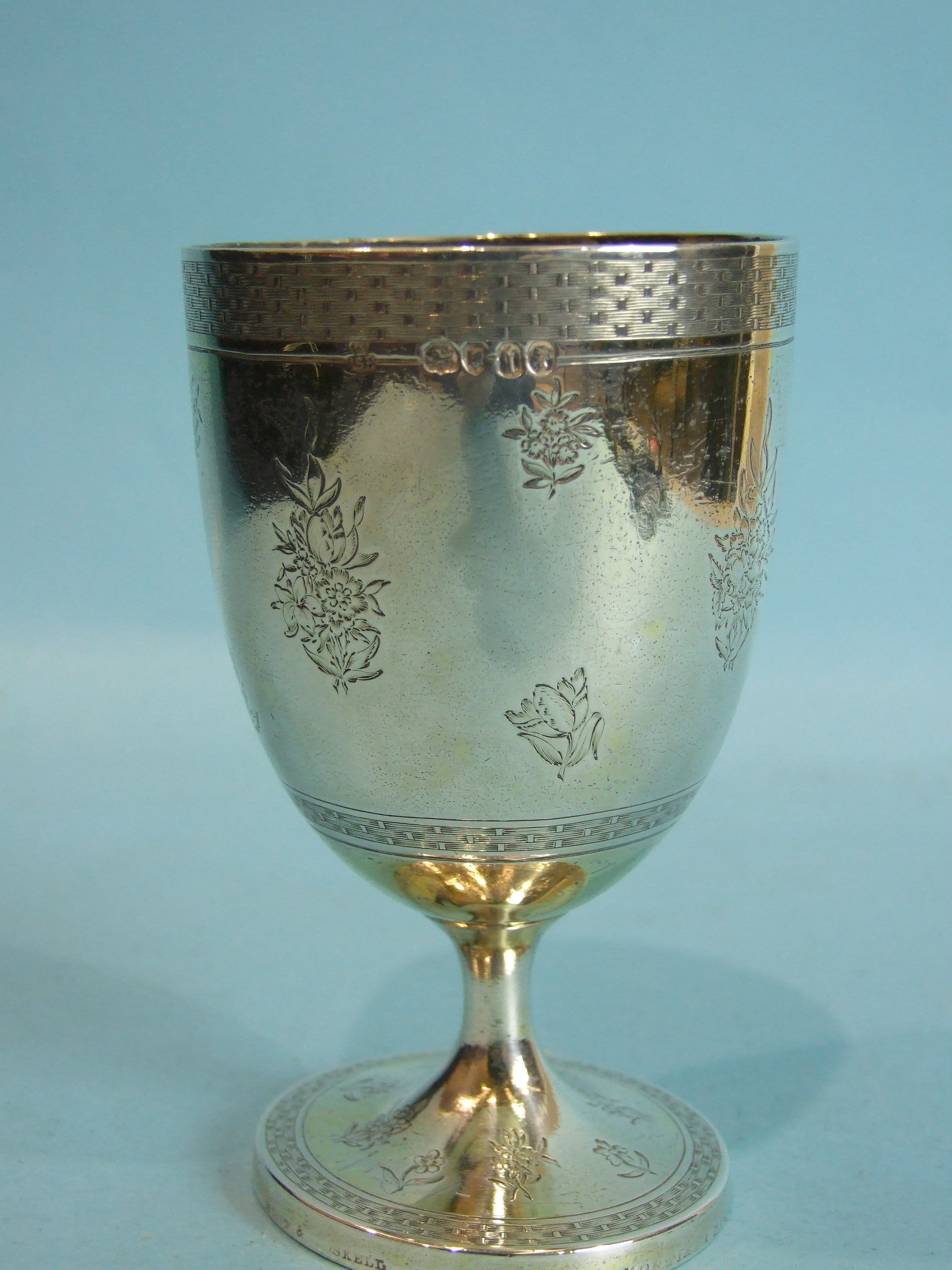 A Victorian silver and gilt goblet, with foliate engraving within woven borders, raised on - Image 3 of 6