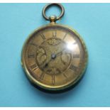 A lady's 18k gold-cased open-face key-wind pocket watch with engraved gilt dial and gilt inner