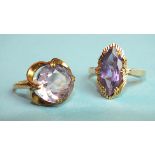 A 9ct gold ring set round-cut amethyst, in four-claw scalloped setting, size N and another gold ring