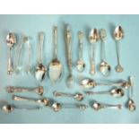 A collection of unmatched silver teaspoons and a pickle fork, ___6oz.