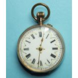 A lady's 9ct gold-cased keyless pocket watch, the white enamel dial with Roman numerals, in engraved
