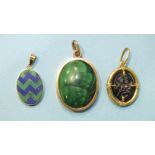 An oval gold-mounted malachite pendant, a modern malachite, lapis lazuli and onyx pendant and an