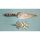 A silver trowel-shaped bookmark with hardstone-set handle, 85mm, Birmingham 1894 and a silver-