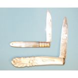 A silver-bladed fruit knife, the mother-of-pearl handle with carved cornucopia, Sheffield 1864, 16.