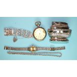A silver gate-link bracelet with padlock clasp, a silver rope-link neck chain, a wrist watch, a