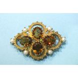 A modern 9ct gold citrine and pearl cluster brooch, 42mm x 28mm, 10.2g.