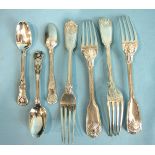 Four fiddle and shell table forks, London 1836 and three Irish teaspoons, ___15½oz.