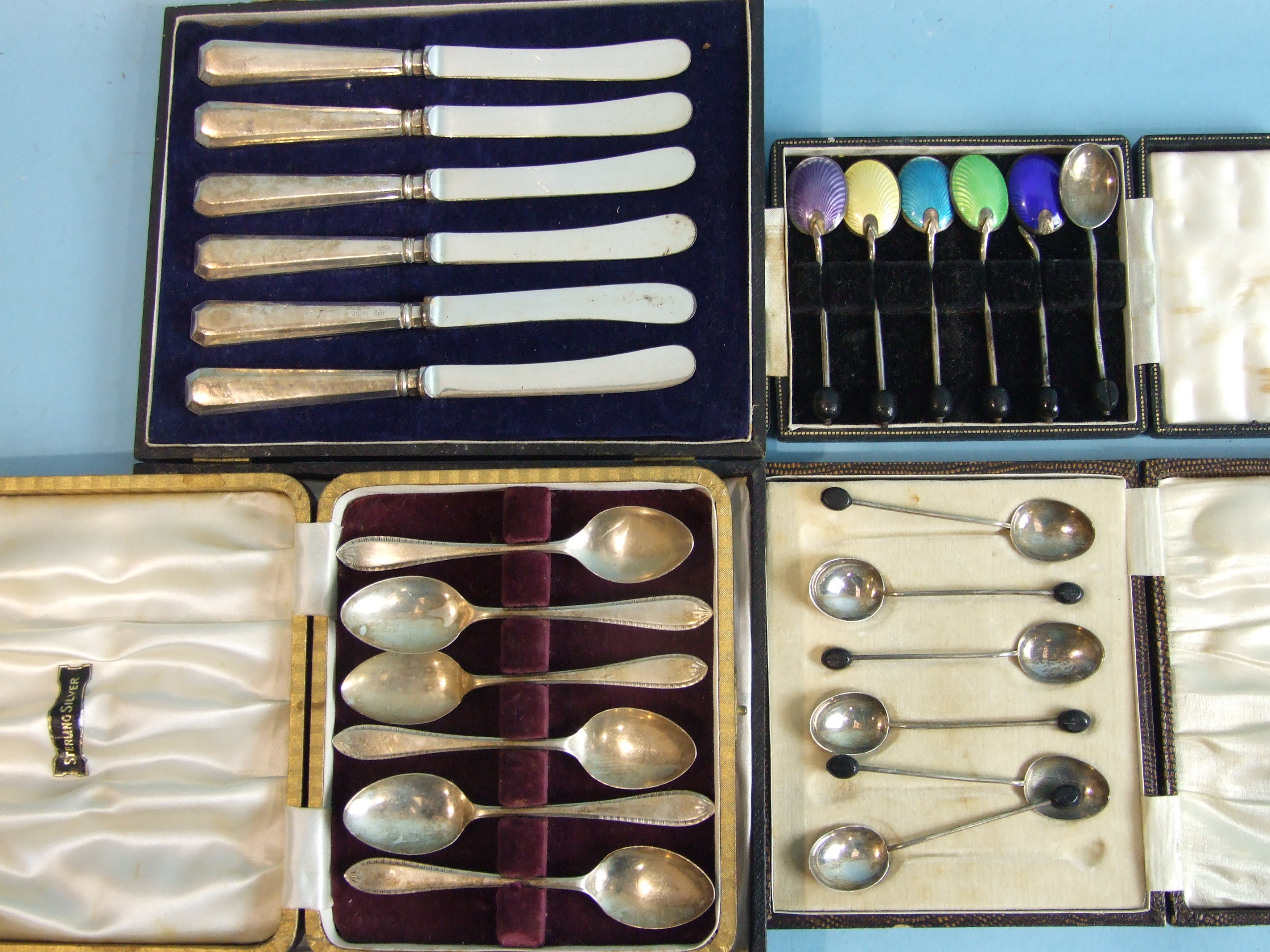 A set of six teaspoons, Sheffield 1953, a set of six bean spoons, a set of six silver-handled