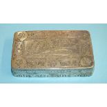 A white metal rectangular snuff box with engraved floral and scroll decoration, unmarked, 7.5 x 4.