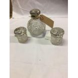 2 SILVER LIDDED POTS & SILVER TOPPED PERFUME BOTTLE