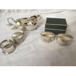 4 SILVER NAPKIN RINGS & SMALL GRAVY BOAT (AF)