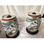 2 PORCELAIN ORIENTAL HEAD RESTS CONVERTED TO TABLE LAMP BASES