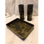 JAPANESE LAQUERED TRAY & 2 CHINOISERIE VASES (AF)