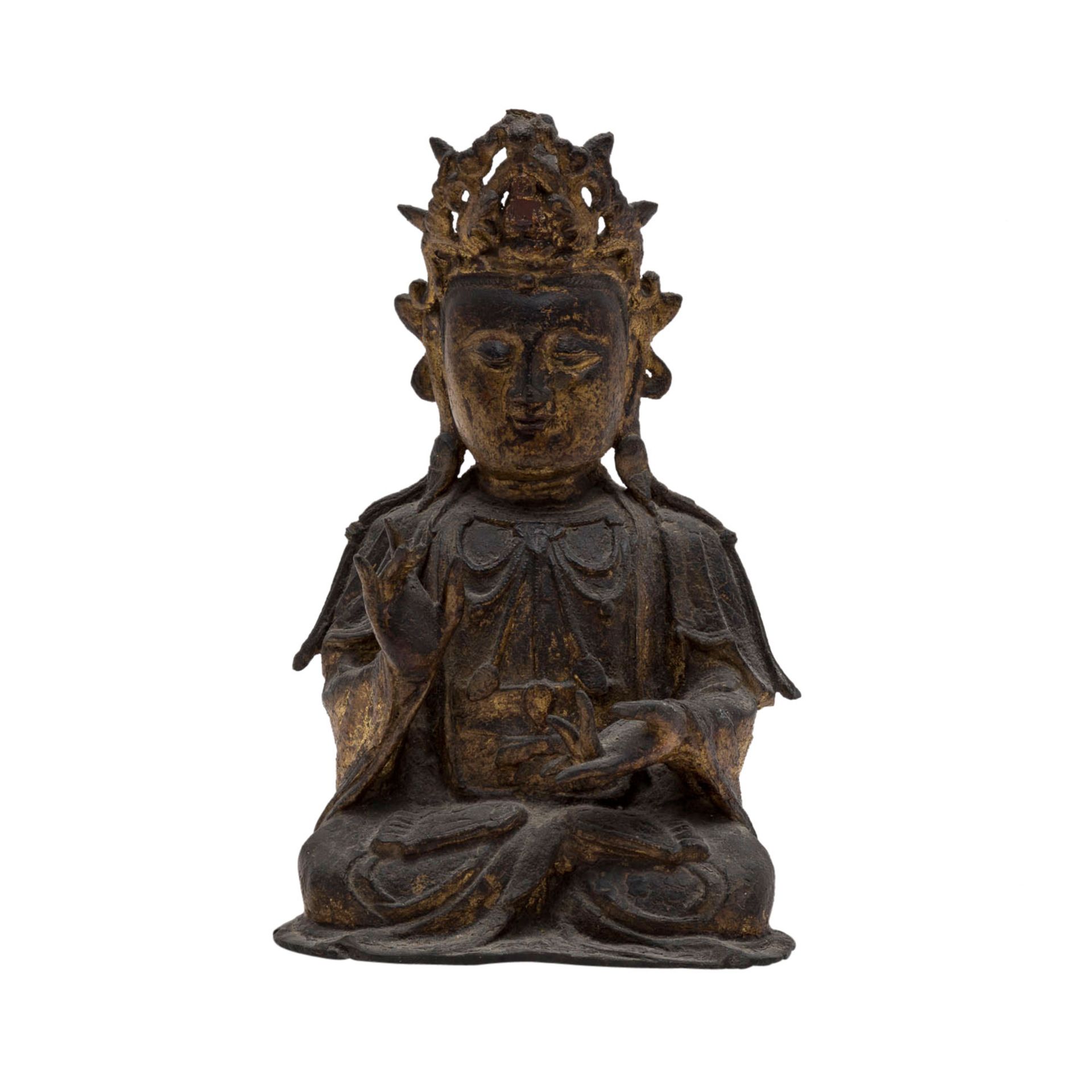 Guanyin.Bronze, CHINA, Qing-Dynastie (1644-1911)Im Meditationssitz dargestellt. Auf dem Kopf eine