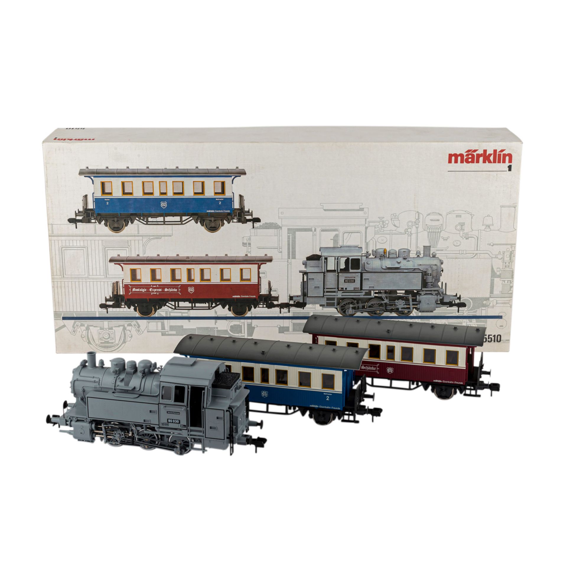 MÄRKLIN Nostalgie-Zugset "5510", Spur 1,bestehend aus graufarbener Tenderlok BN 80030, L ca. 32