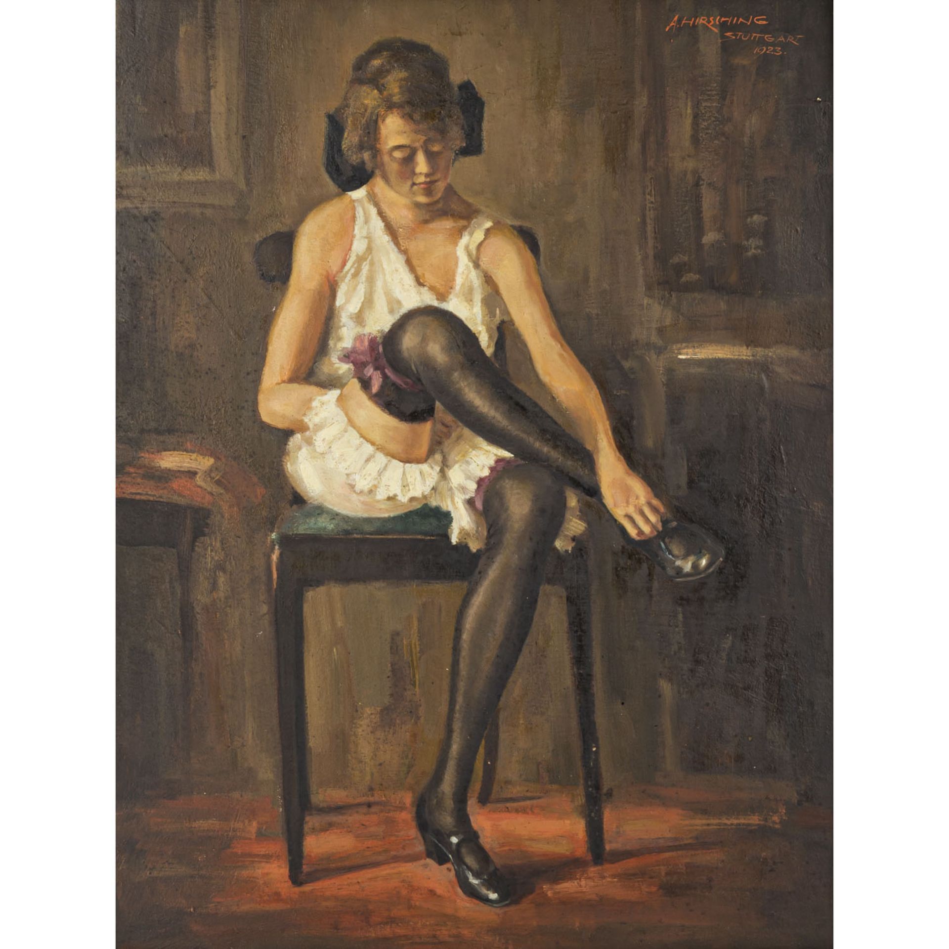 HIRSCHING, AUGUST (1889-1962), "Beim Ausziehen",junge Frau beim Auskleiden auf einem Stuhl