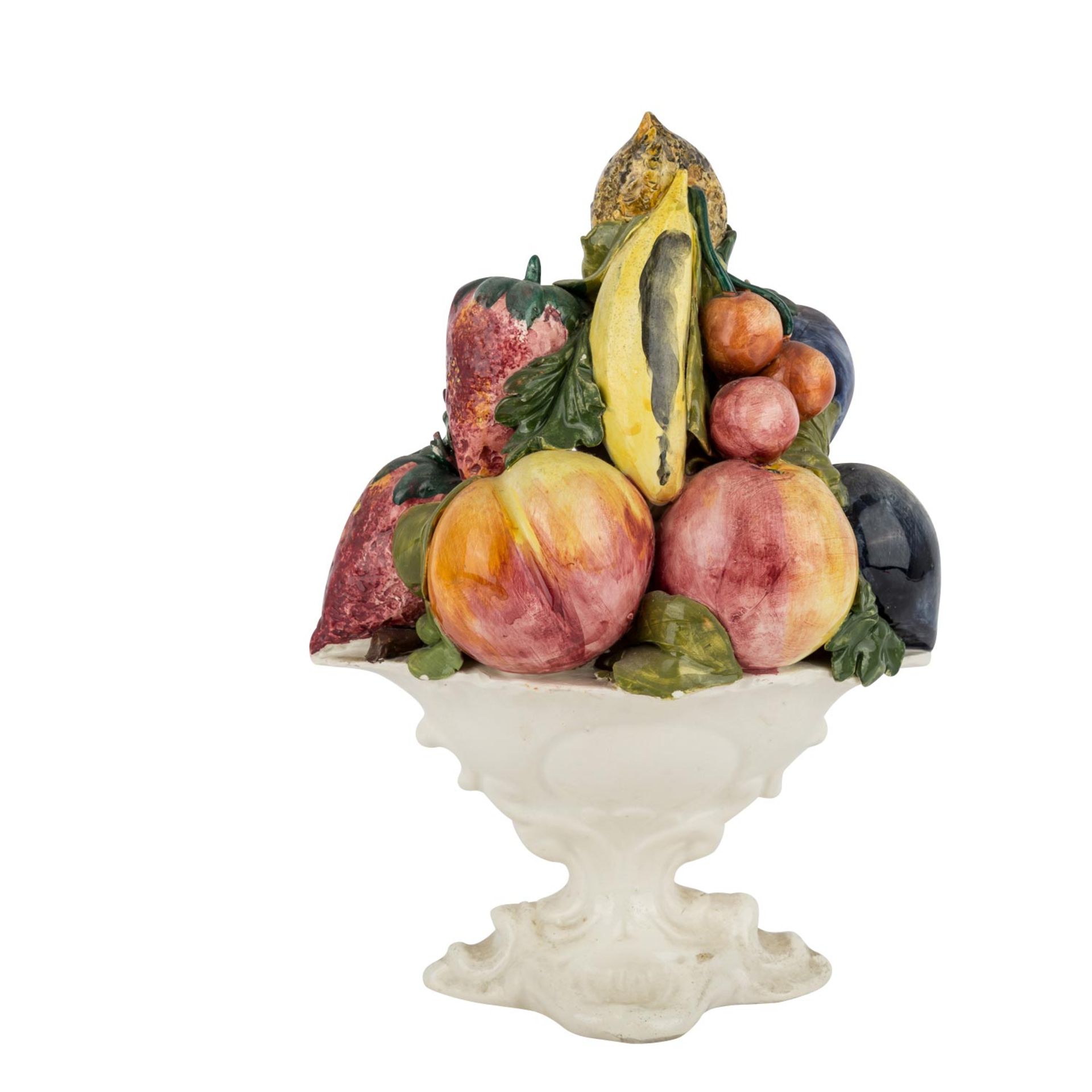 Dekorativer Obstkorb aus Keramik,heller Scherben, cremefarbene Fußschale gefüllt mit verschiedenen - Bild 3 aus 4