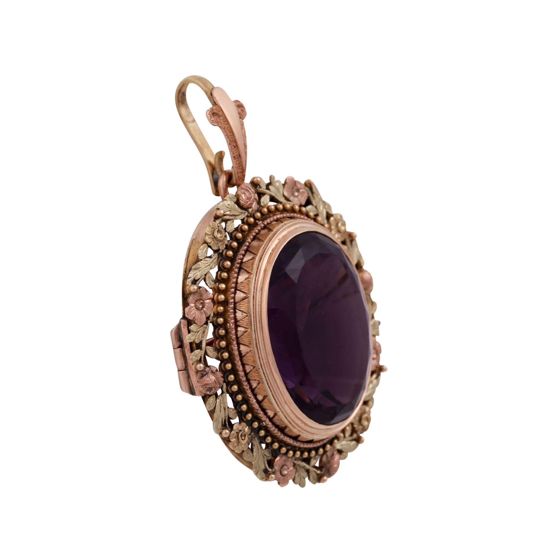 Anhänger/Brosche mit ovalem Amethyst von ca. 22 ctin Fassung aus Rosé- und Grüngold ca. 14K, ca. - Image 2 of 4