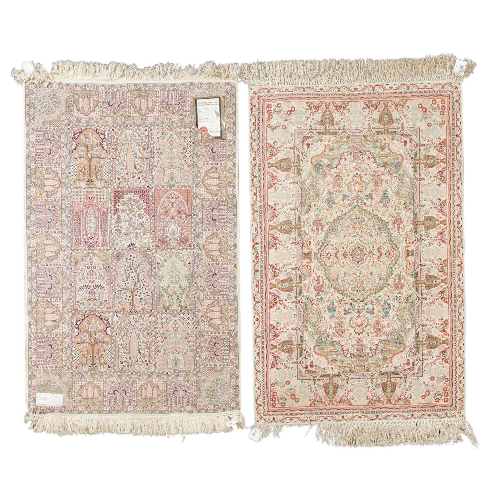 Zwei Orientteppiche aus Naturseide.Ghom Kashmir mit Feldermuster, 119x78 cm/ - Bild 2 aus 6