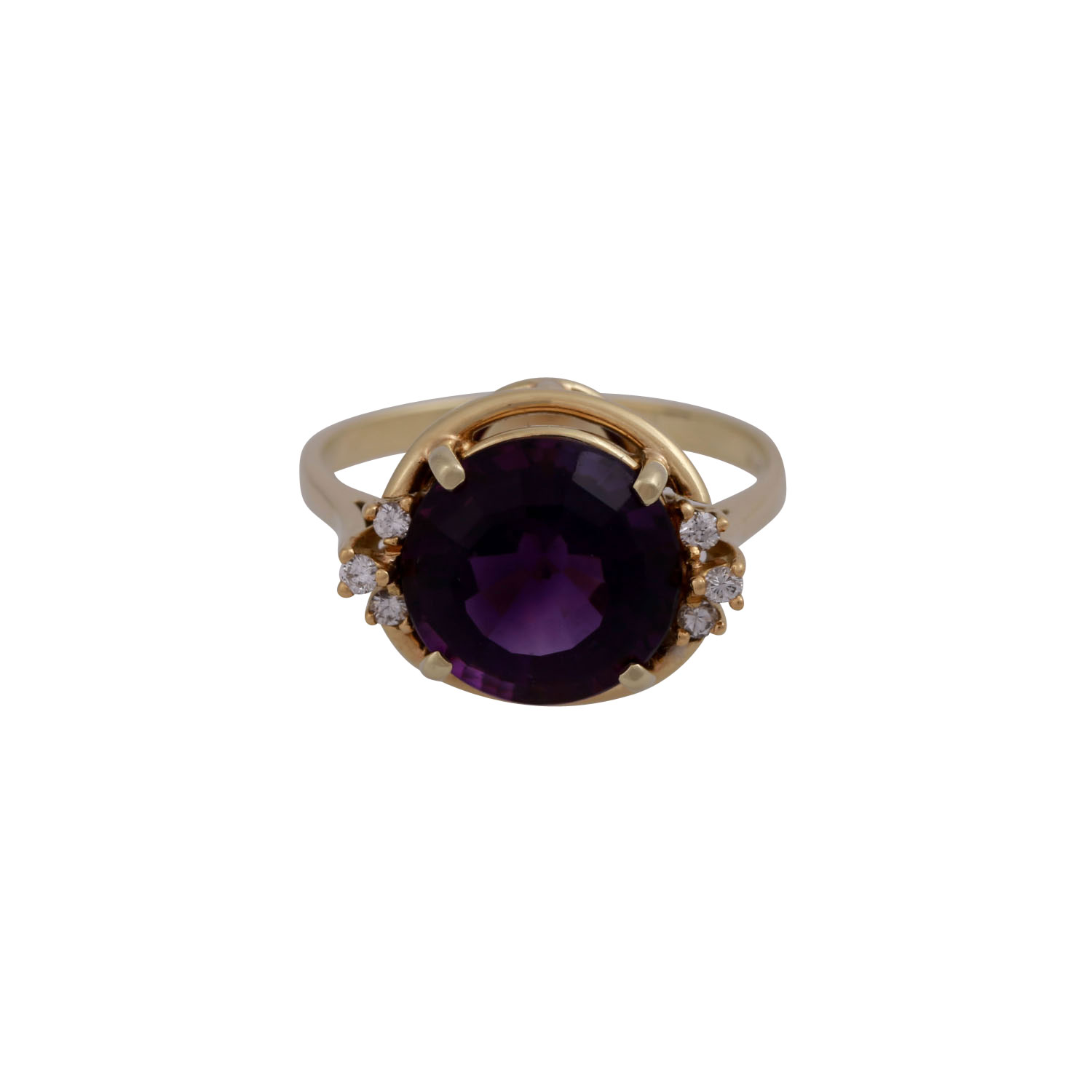 Ring mit Amethyst, rund facettiert,flankiert von je 3 kl. Brillanten, GG 14K, RW: 58, 2. H. 20. Jh.,