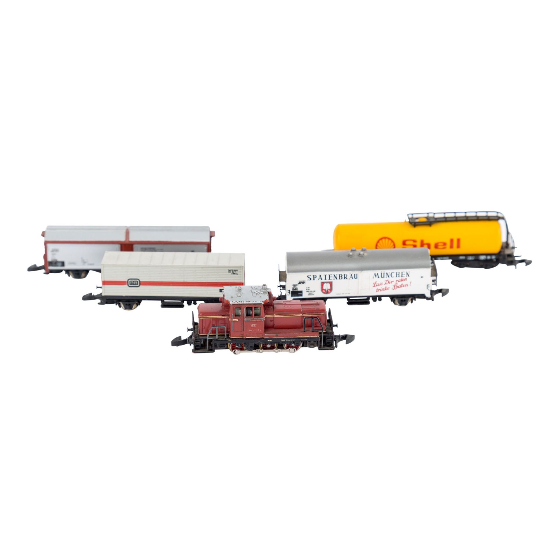 MÄRKLIN mini-club Diesellok und 4 Güterwagen, Spur Z,bestehend aus Diesellok BN 260 417-1, Shell-