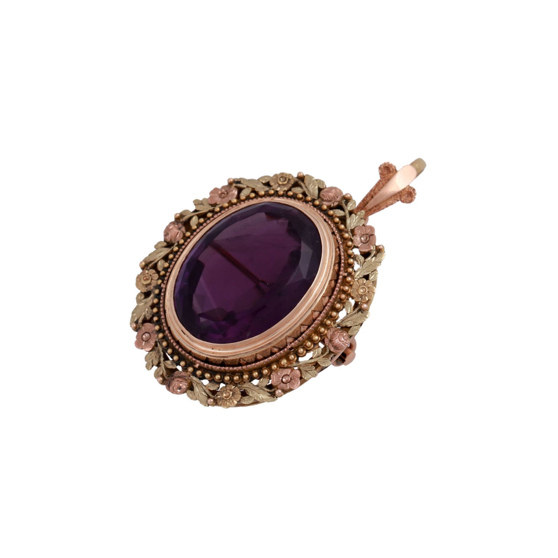 Anhänger/Brosche mit ovalem Amethyst von ca. 22 ctin Fassung aus Rosé- und Grüngold ca. 14K, ca. - Image 4 of 4