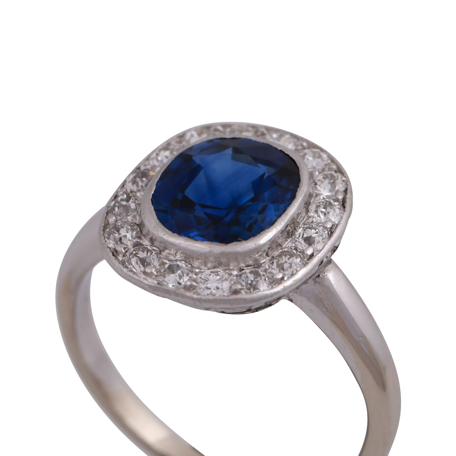 Ring mit feinem blauem Saphir von 1,8 ct,antik fac. entouriert von 16 Altschliffdiamanten, zus. - Image 5 of 5