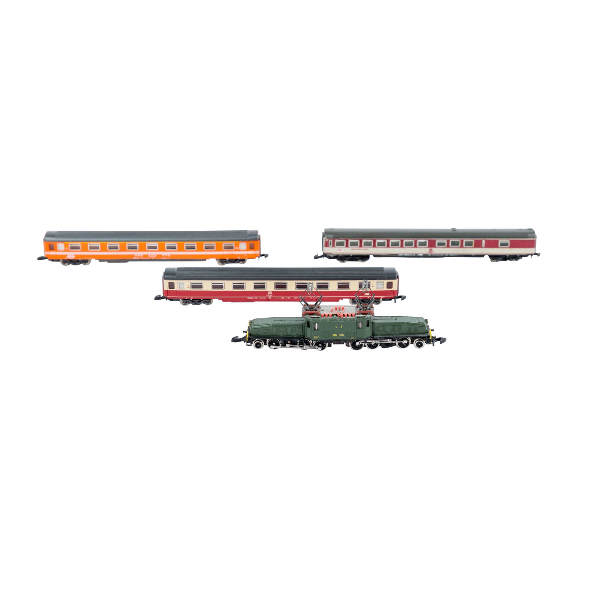 MÄRKLIN mini-club E-Lok "Krokodil" und 3 Personenwagen, Spur Z,Schweizer E-Lok "Krokodil", BN 13302,