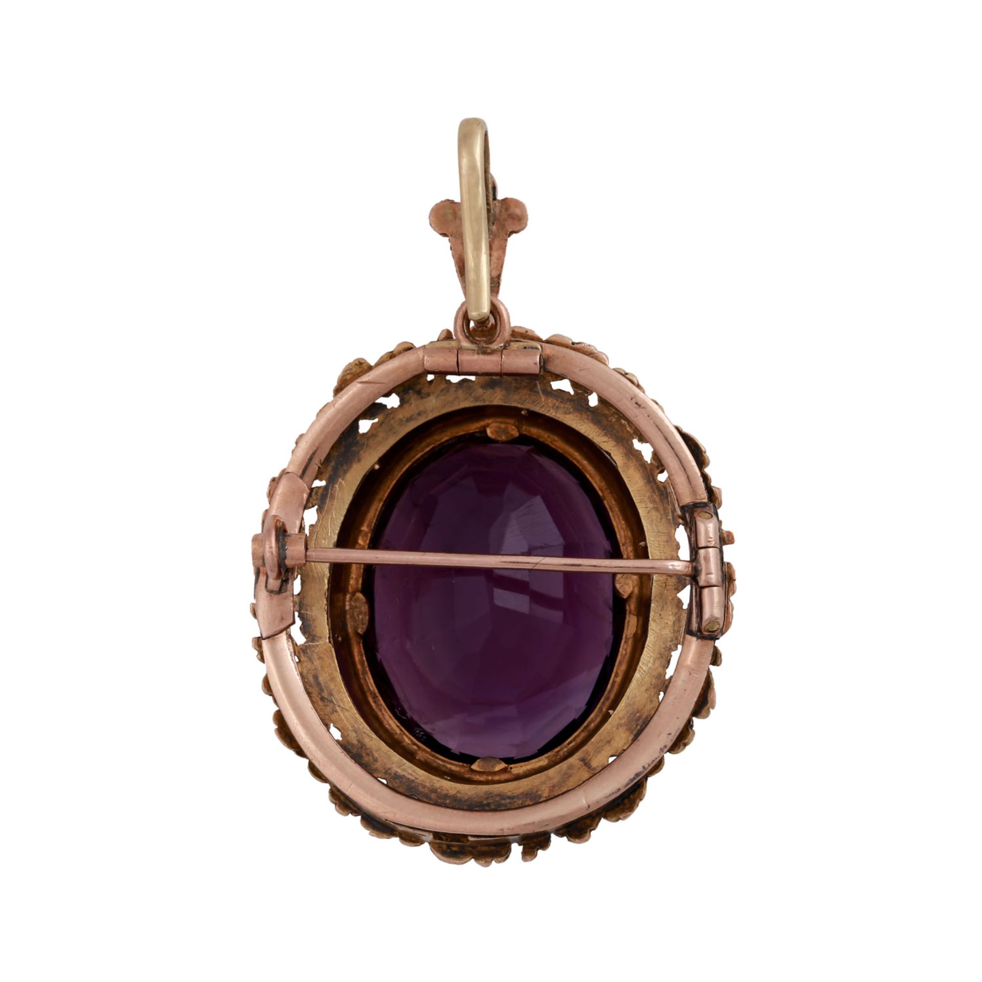 Anhänger/Brosche mit ovalem Amethyst von ca. 22 ctin Fassung aus Rosé- und Grüngold ca. 14K, ca. - Image 3 of 4