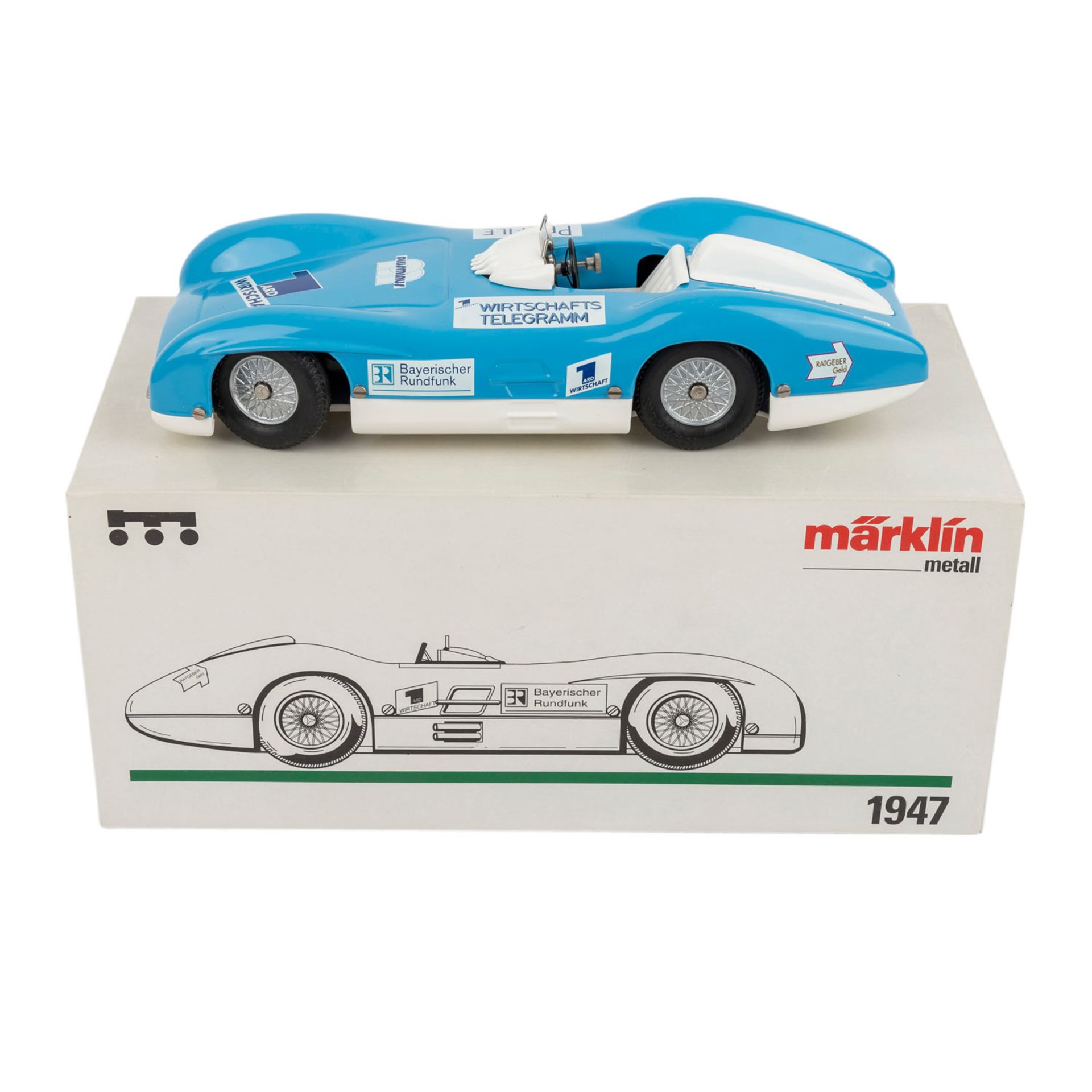 MÄRKLIN Mercedes Rennwagen 1947,mit versch. Werbeaufdrucken "ARD Wirtschaft, Plus Minus, bayerischer