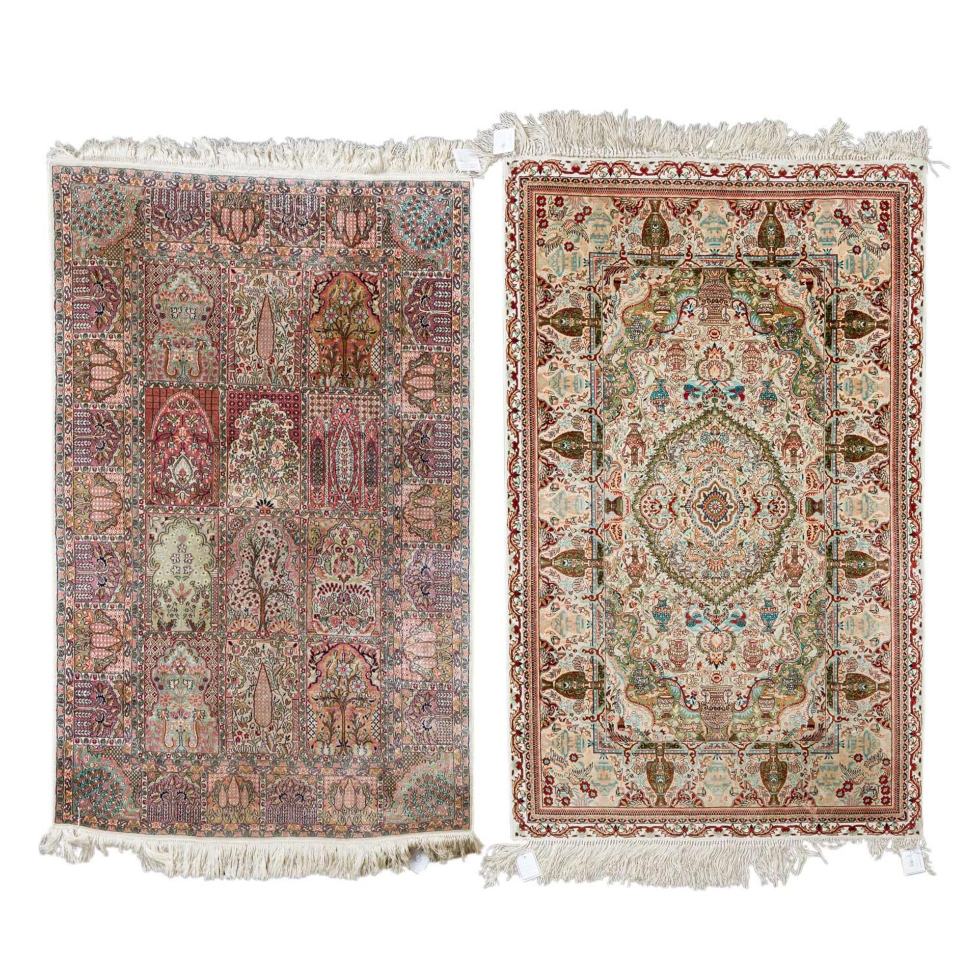 Zwei Orientteppiche aus Naturseide.Ghom Kashmir mit Feldermuster, 119x78 cm/