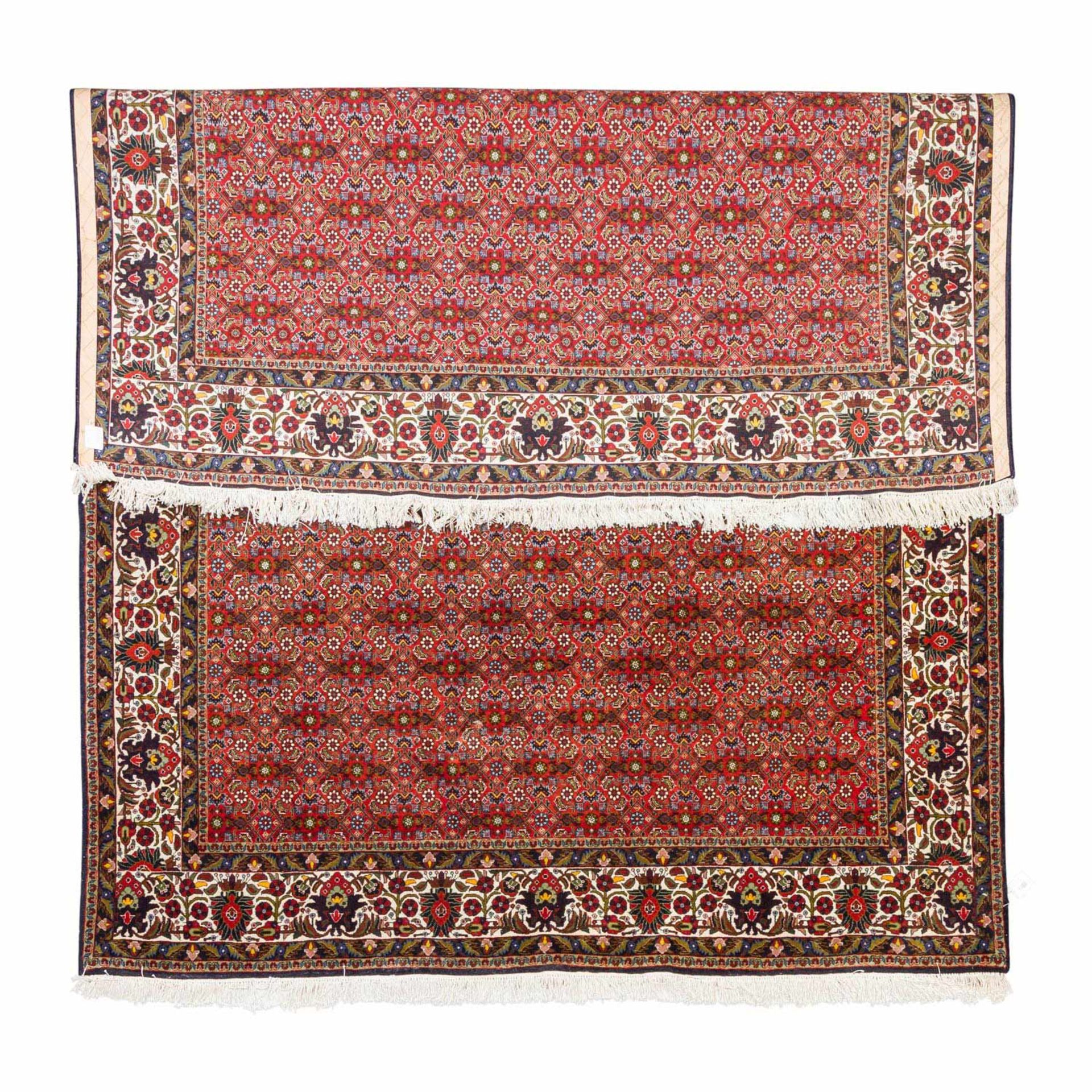 Orientteppich. MOUD/IRAN, 20. Jh., ca. 200x205 cm.Netzartig überspannt ein Herati-Muster das rote - Bild 2 aus 2