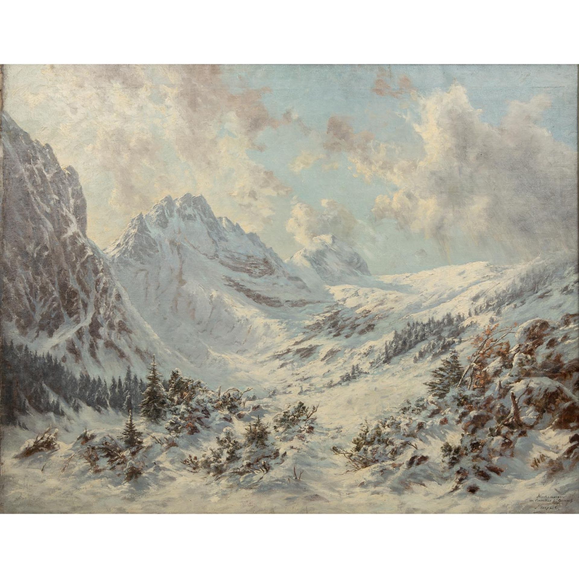 KOEPPEL (?, Maler/in 1. Hälfte 20. Jh.), "Wintermorgen im Rainthal bei Garmisch",<