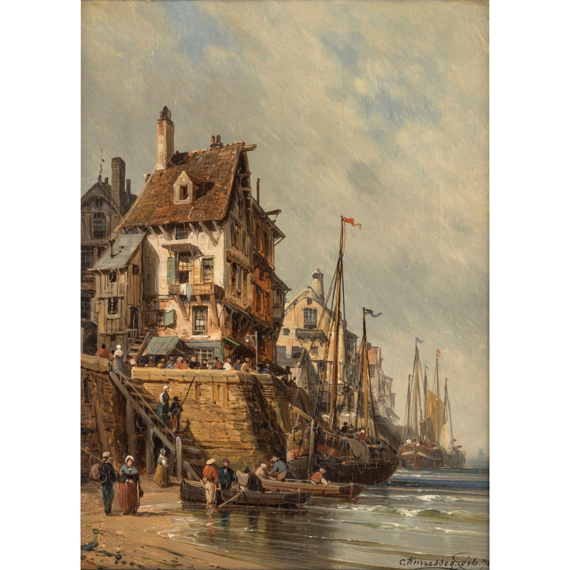 KUWASSEG, CHARLES EUPHRASIE (1838-1904), "Segelschiffe vor holländischer Hafenstadt",<