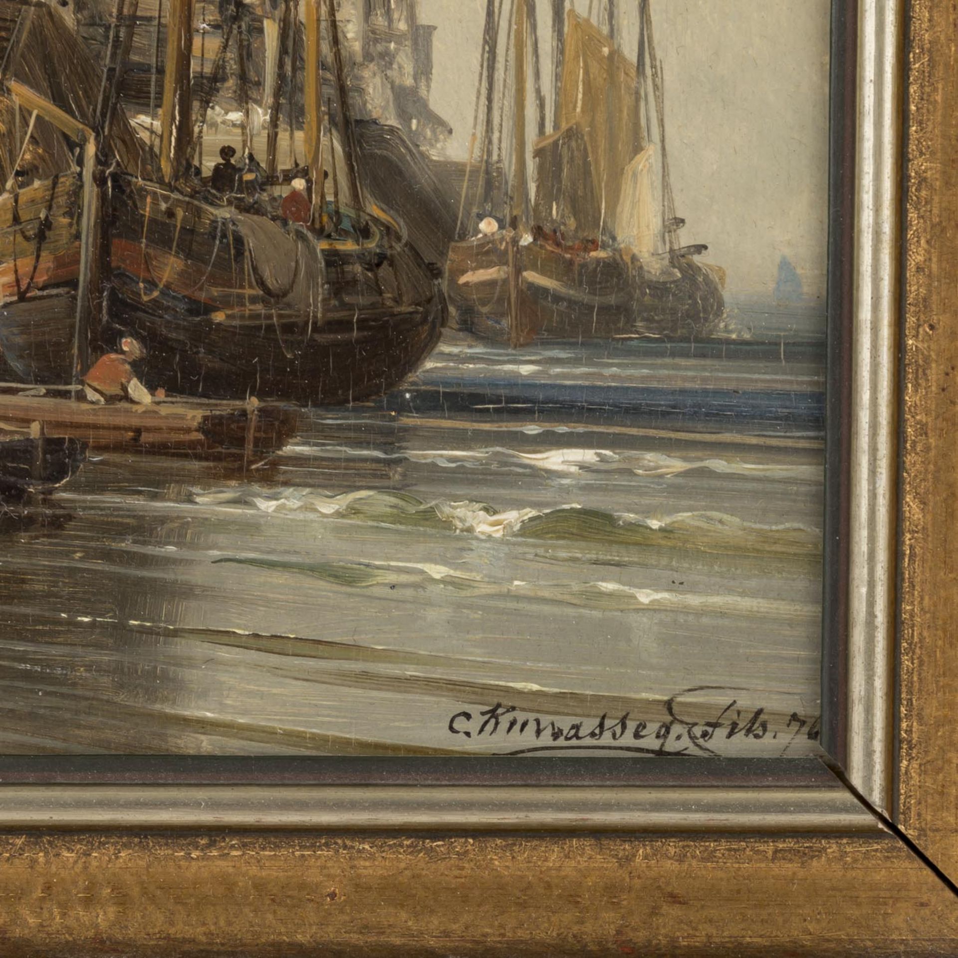 KUWASSEG, CHARLES EUPHRASIE (1838-1904), "Segelschiffe vor holländischer Hafenstadt",< - Image 3 of 4