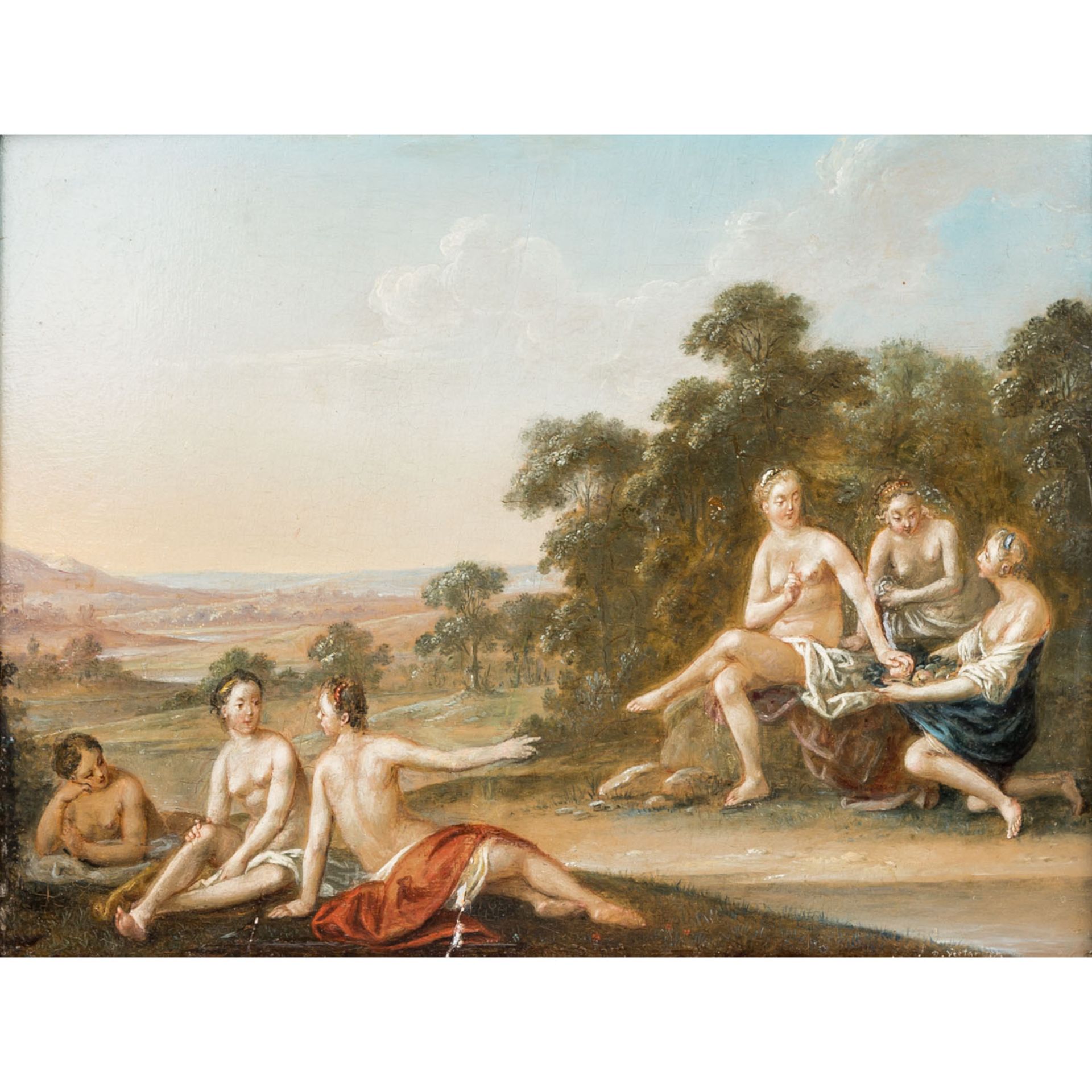 MALER/IN 17. Jh., "Göttin Ceres und Nymphen in weiter Landschaft",<