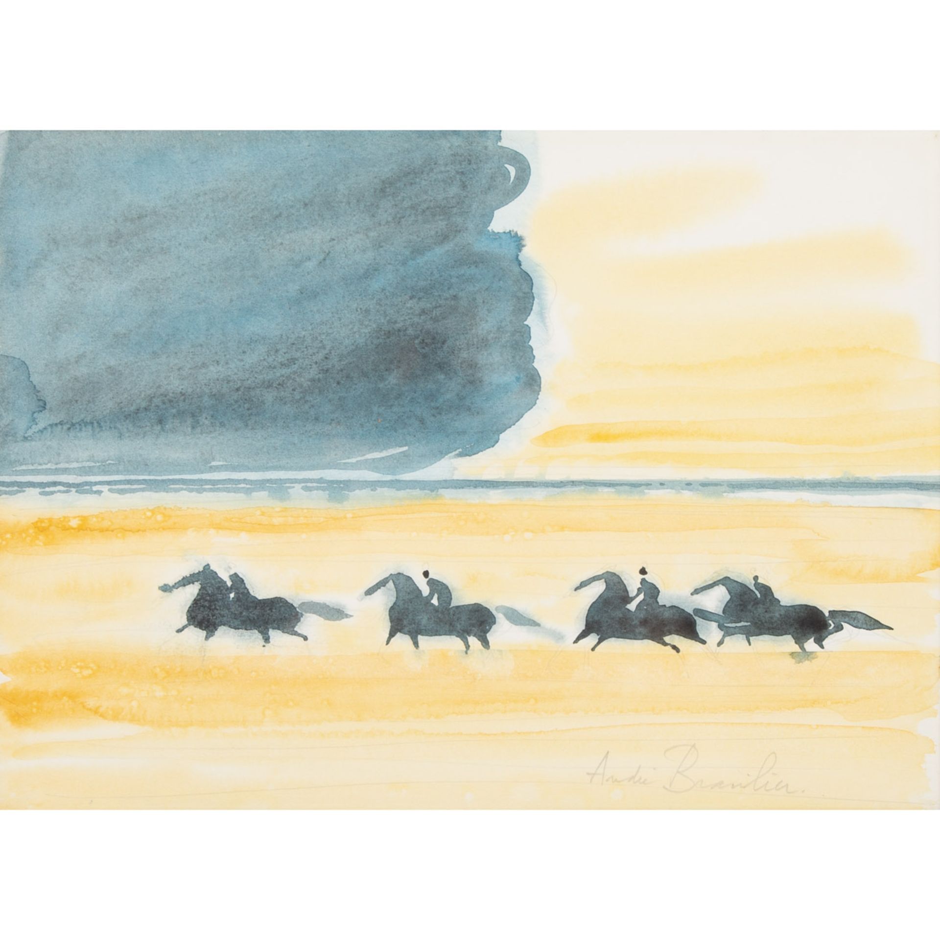BRASILIER, ANDRÉ (geb. 1929), "Vier Reiter mit galoppierenden Pferden in Sommerlandschaft",<