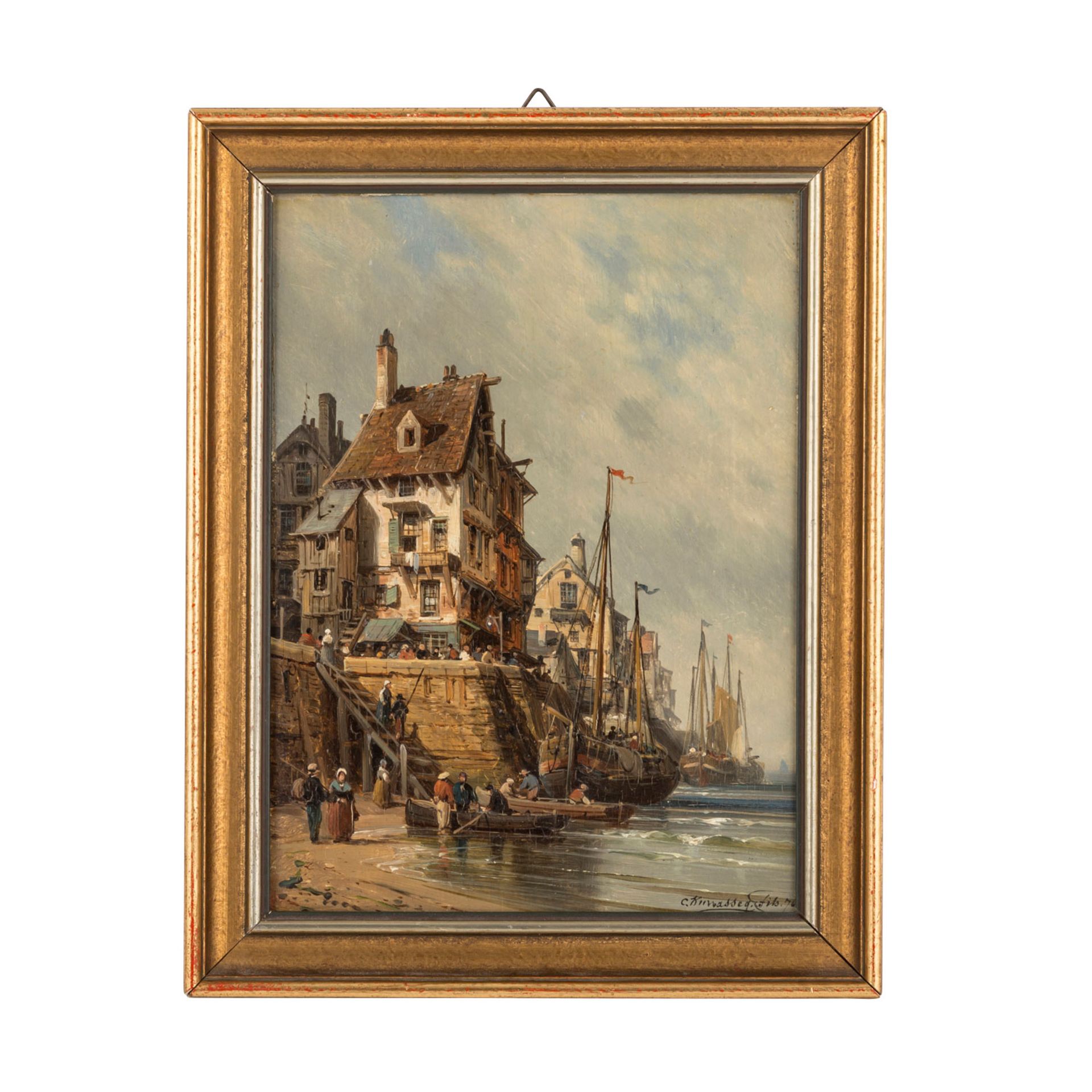 KUWASSEG, CHARLES EUPHRASIE (1838-1904), "Segelschiffe vor holländischer Hafenstadt",< - Image 2 of 4