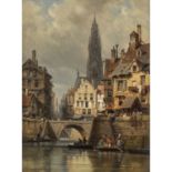 KUWASSEG, CHARLES EUPHRASIE (1838-1904), "Holländische Hafenstadt mit Kirche",<