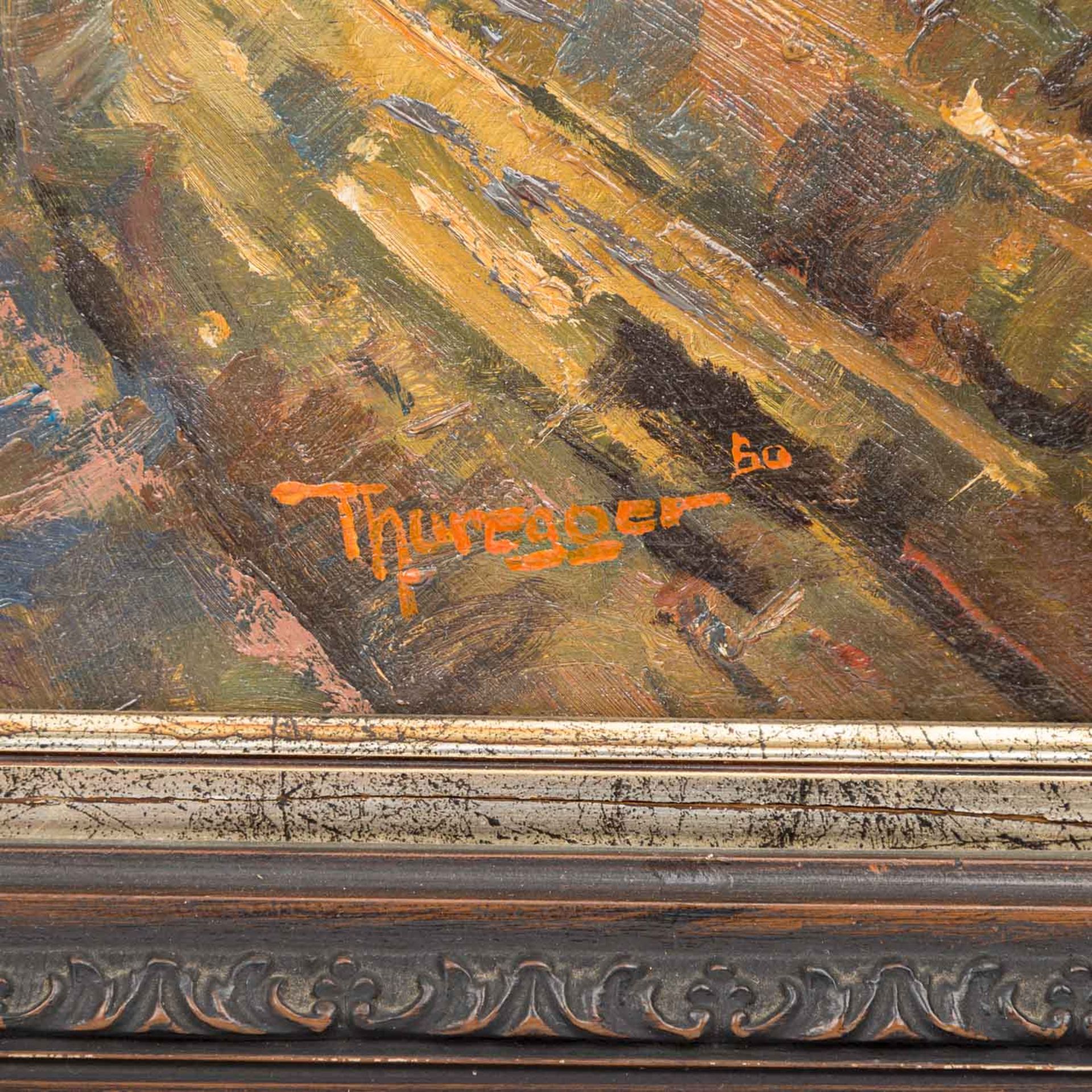 THUREGGER (?, Maler/in 20. Jh.), "Hirte mit Rinderherde in der Abendsonne",Hirtenszene in der Art - Image 3 of 4