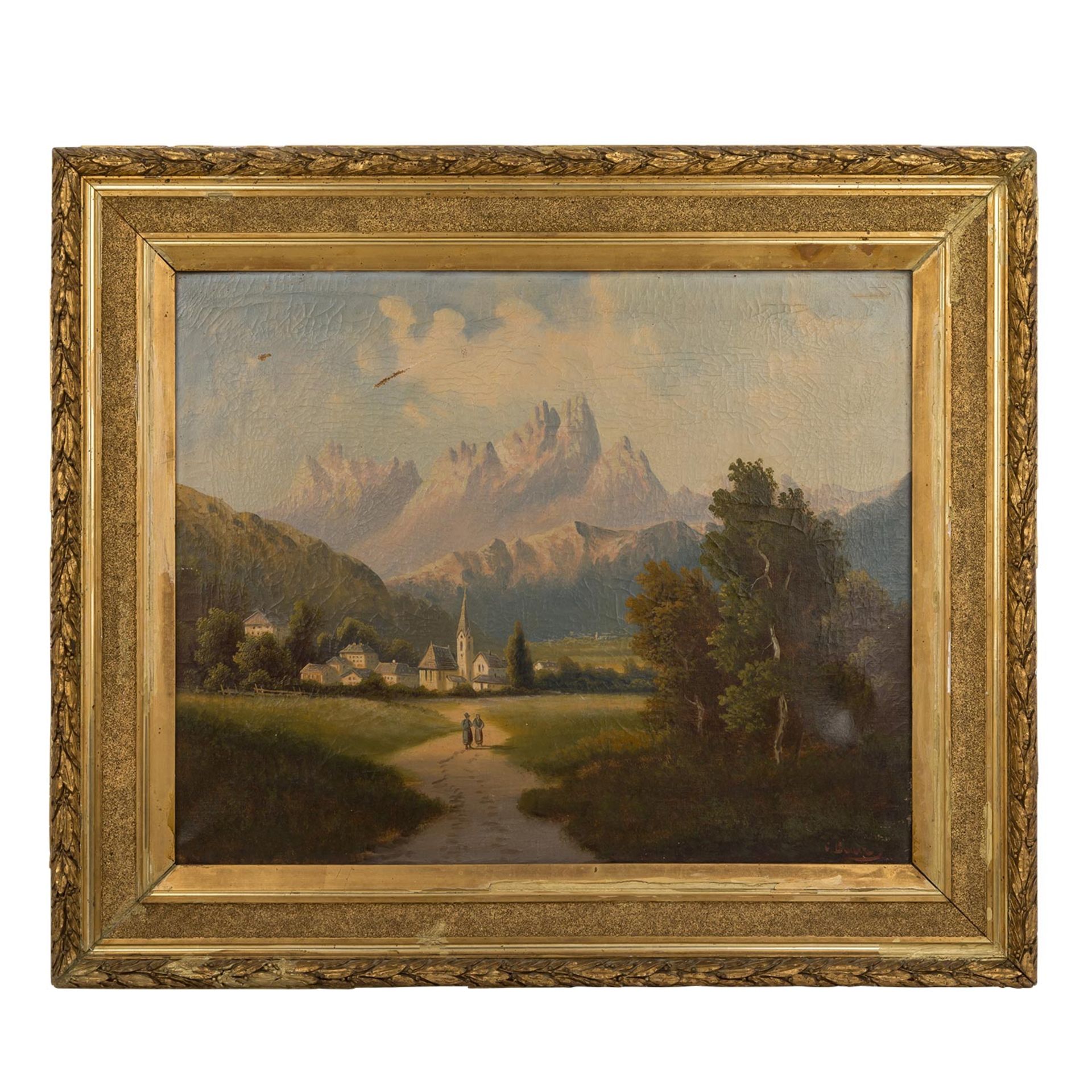 BAUER, C. (BAUR?, 19. Jh.), "Romantische Landschaft mit Dorf in den Alpen",im Vordergrund zwei - Image 2 of 6