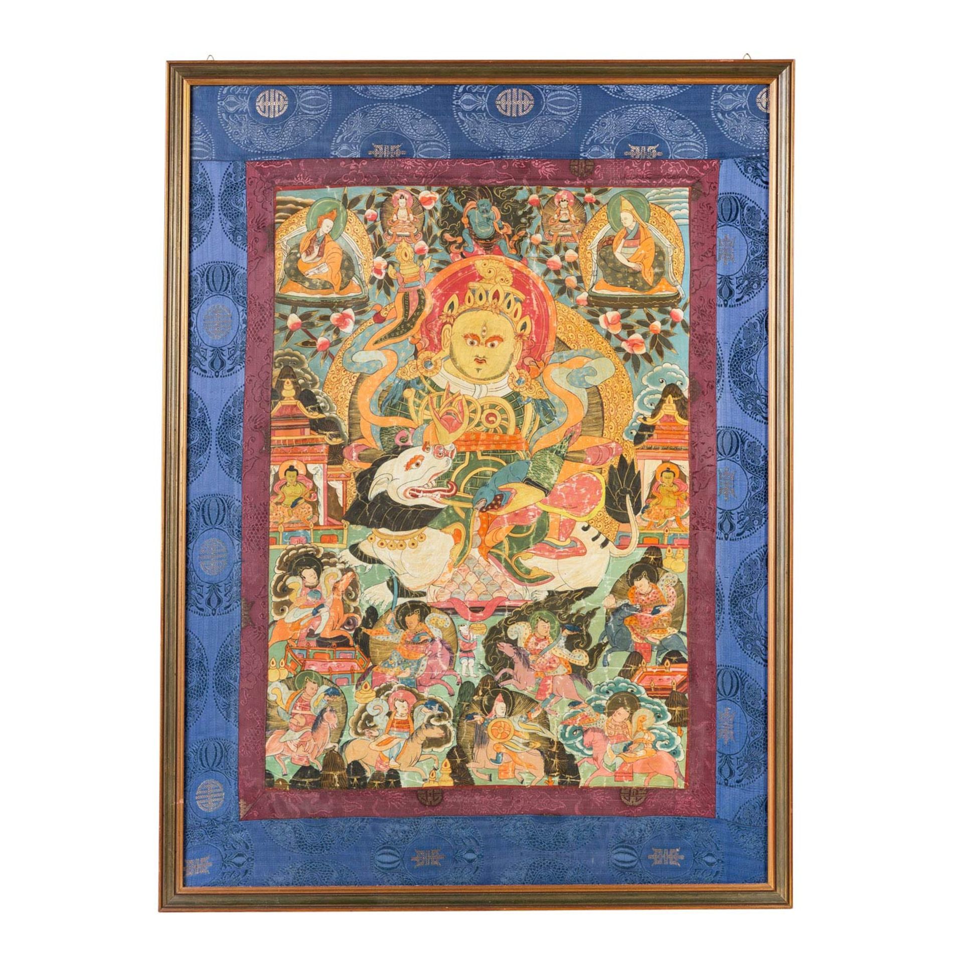 Thangkha des Jambhala. TIBET, 1. Hälfte 20. Jh..Die Gottheit des Wohlstandes und des Reichtums sitzt