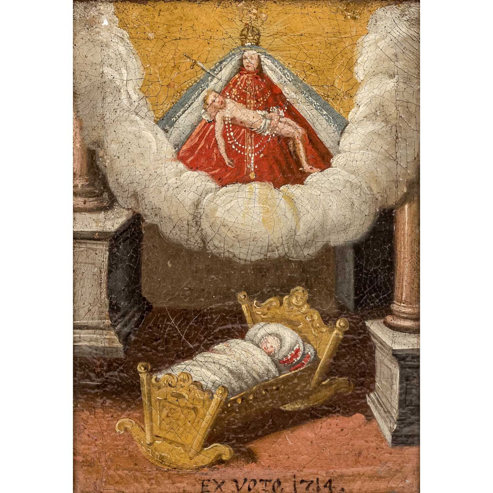 Heiligen- und Kirchenmaler/in 17./18. Jh., "EX VOTO", 1714,Votivbild mit einem Kind in der Wiege