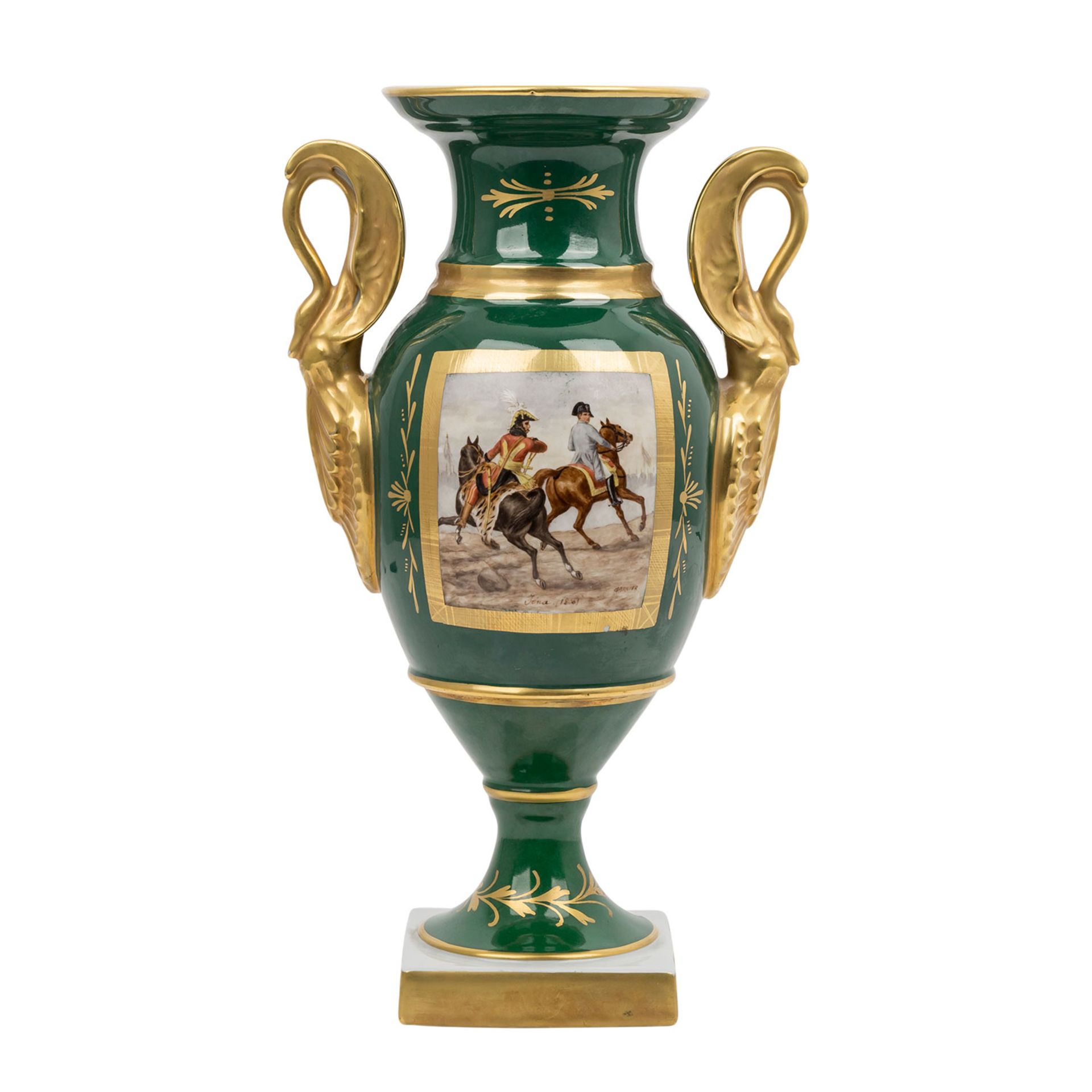 LIMOGES Henkelvase, 20. Jh..Vase im Empire-Stil, balusterförmige Vase auf quadratischem Stand mit