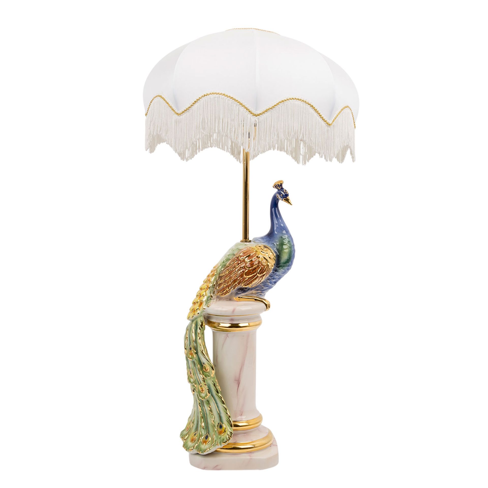 PARIDOM Tischlampe 'Pfau', UNIKAT! 20. Jh.Lampenfuß in Form einer Säule mit einem polychrom