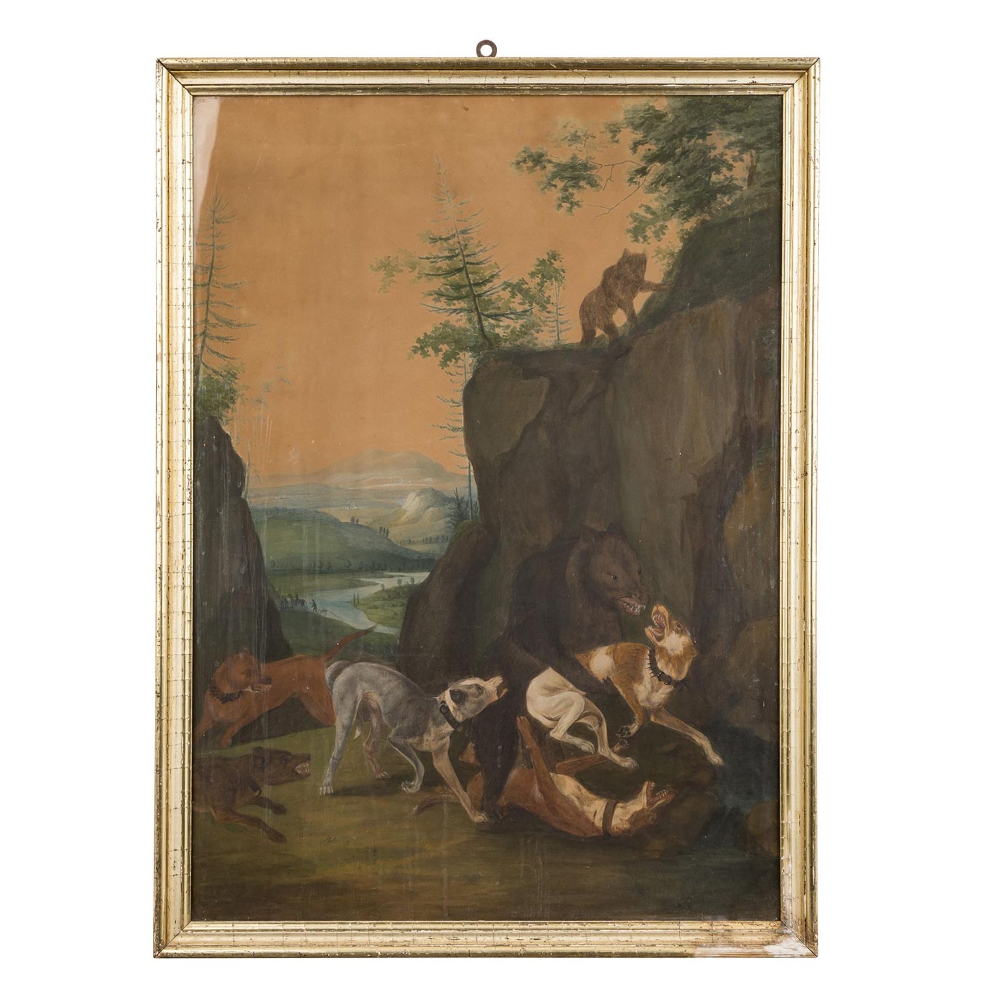 KÜNSTLER/IN 18. Jh., "Bärenhatz zwischen Felsen",Bär im Kampf mit Jagdhunden, im Hintergrund weite - Image 2 of 3